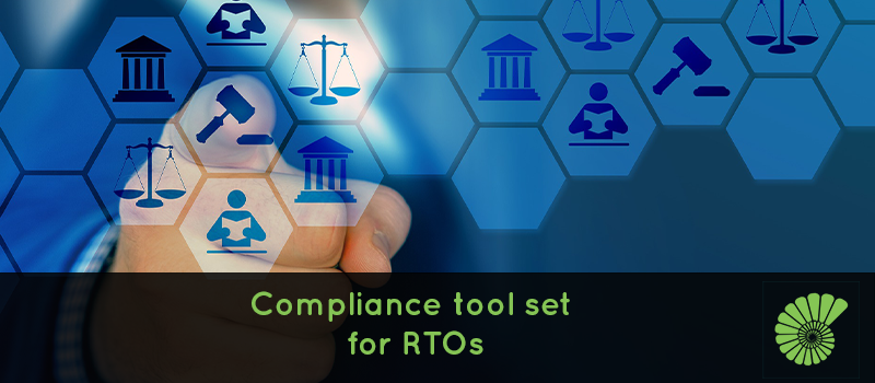 Different compliance icons with hand selecting one, text says Compliance tool set for RTOs overlaying image, Ammonite logo on right hand corner